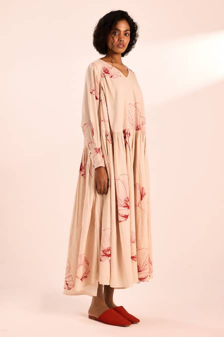 Buy_Kharakapas_Beige Voile V-neck Floral Print Maxi Dress _Online_at_Aza_Fashions