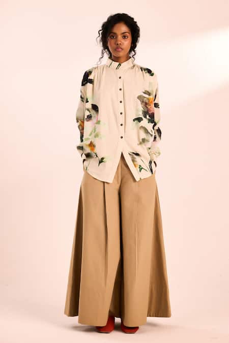 Kharakapas Off White Voile Bandeau Neck Floral Print Shirt 