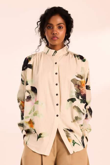 Shop_Kharakapas_Off White Voile Bandeau Neck Floral Print Shirt _Online_at_Aza_Fashions