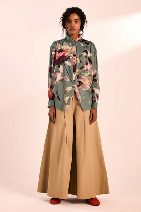 Kharakapas_Gray Voile Bandeau Neck Floral Print Designer Shirt _Online_at_Aza_Fashions