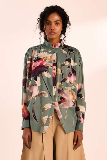 Shop_Kharakapas_Gray Voile Bandeau Neck Floral Print Designer Shirt _Online_at_Aza_Fashions