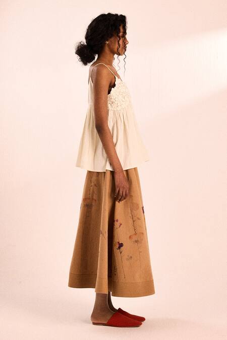 Kharakapas_Brown Cotton, Twill Floral Mocha Skirt _Online_at_Aza_Fashions