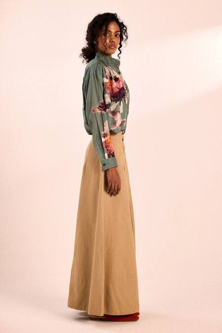 Kharakapas_Brown Canvas Flared Twill Cotton Palazzos _Online_at_Aza_Fashions