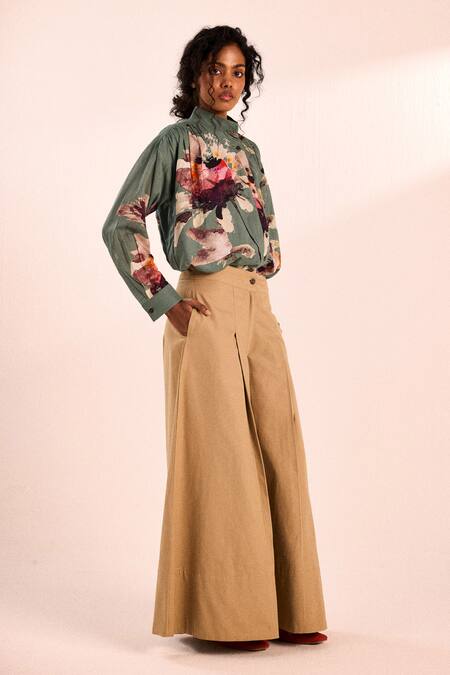 Buy_Kharakapas_Brown Canvas Flared Twill Cotton Palazzos _Online_at_Aza_Fashions