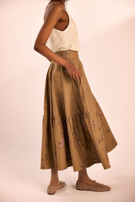 Kharakapas_Brown Cotton, Oxford Lace Rust Rose Block Print Skirt _Online_at_Aza_Fashions