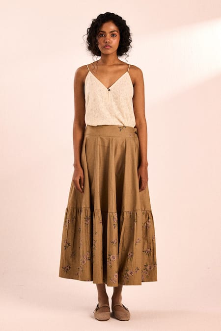 Kharakapas Rust Rose Block Print Skirt 