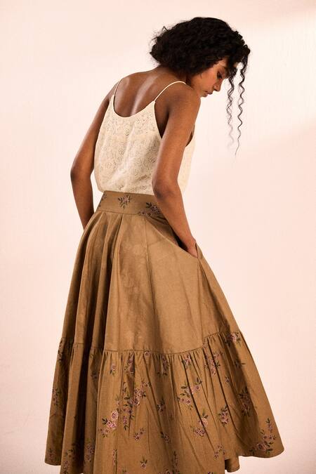Shop_Kharakapas_Brown Cotton, Oxford Lace Rust Rose Block Print Skirt _Online_at_Aza_Fashions