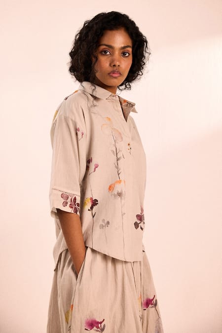 Buy_Kharakapas_Beige Voile Collared Oat Bloom Co-ord Set _Online_at_Aza_Fashions