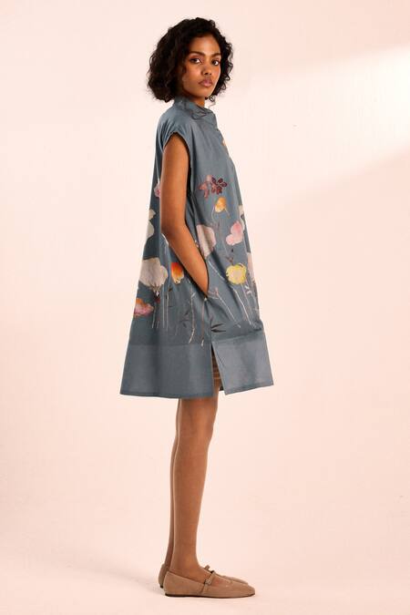 Kharakapas Blue Cotton, Lace Open Neck Aqua Floral Print Short Dress Online at Aza Fashions Kharakapas_Blue Cotton, Lace Open Neck Aqua Floral Print Short Dress _Online_at_Aza_Fashions