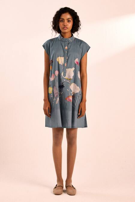 Buy Kharakapas Blue Cotton, Lace Open Neck Aqua Floral Print Short Dress Online at Aza Fashions Buy_Kharakapas_Blue Cotton, Lace Open Neck Aqua Floral Print Short Dress _Online_at_Aza_Fashions