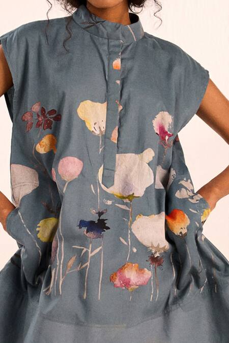 Shop Kharakapas Blue Cotton, Lace Open Neck Aqua Floral Print Short Dress Online at Aza Fashions Shop_Kharakapas_Blue Cotton, Lace Open Neck Aqua Floral Print Short Dress _Online_at_Aza_Fashions