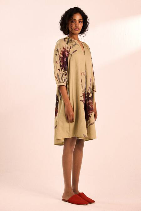 Kharakapas_Olive Green Voile V-neck Painterly Floral Short Dress _Online_at_Aza_Fashions