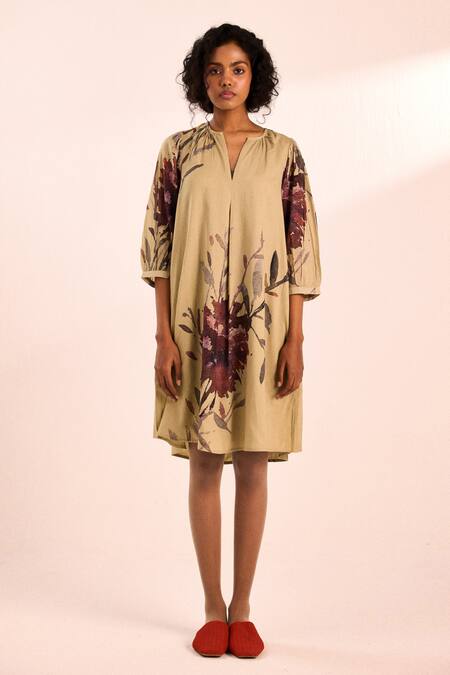 Buy_Kharakapas_Olive Green Voile V-neck Painterly Floral Short Dress _Online_at_Aza_Fashions