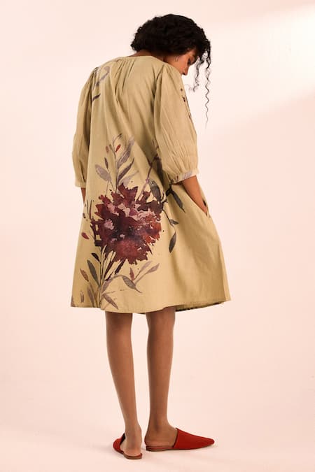 Shop_Kharakapas_Olive Green Voile V-neck Painterly Floral Short Dress _at_Aza_Fashions