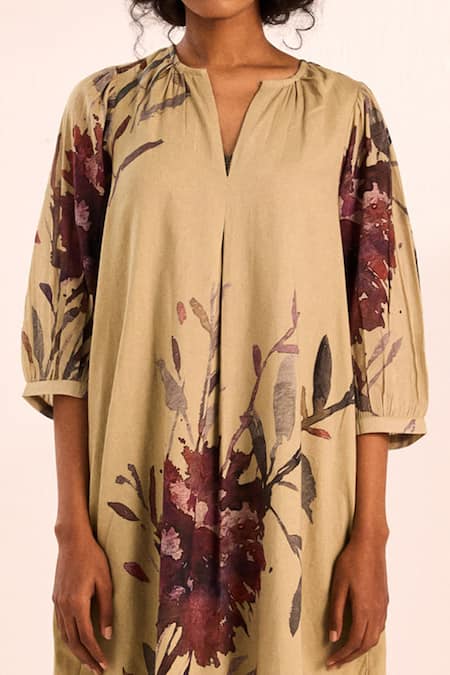 Shop_Kharakapas_Olive Green Voile V-neck Painterly Floral Short Dress _Online_at_Aza_Fashions