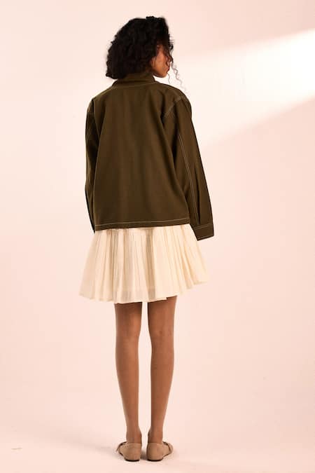 Shop_Kharakapas_Olive Green Twill Embroidery Round Neck Floral Utility Jacket _at_Aza_Fashions