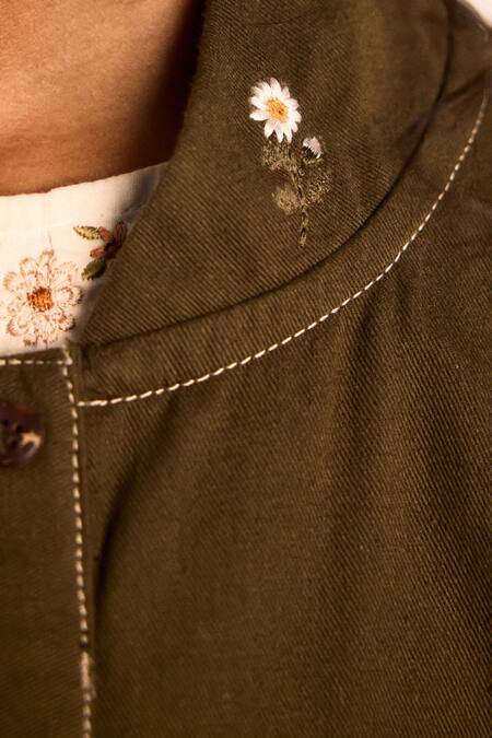 Shop_Kharakapas_Olive Green Twill Embroidery Round Neck Floral Utility Jacket _Online_at_Aza_Fashions