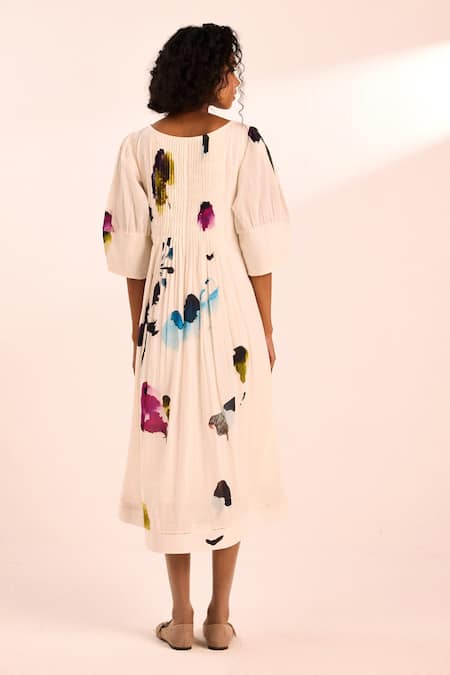 Shop_Kharakapas_White Voile Round Neck Alabaster Midi Dress With Floral Print _at_Aza_Fashions