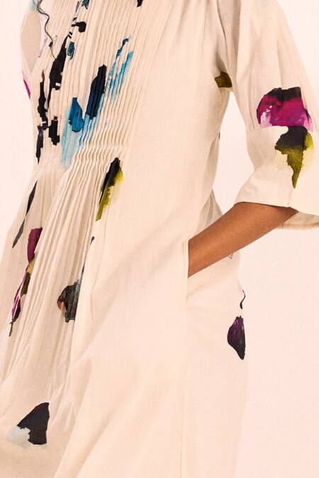 Buy_Kharakapas_White Voile Round Neck Alabaster Midi Dress With Floral Print _Online_at_Aza_Fashions