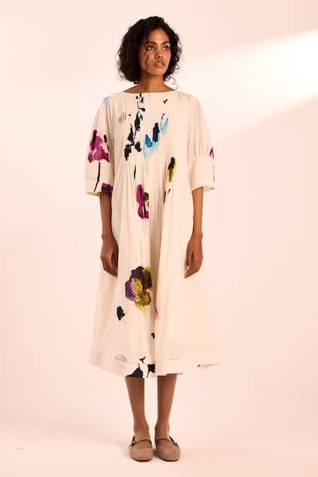 Shop_Kharakapas_White Voile Round Neck Alabaster Midi Dress With Floral Print _Online_at_Aza_Fashions