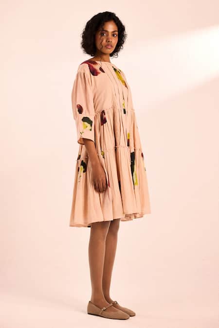 Kharakapas_Blush Voile Round Neck Tiered Floral Print Midi Dress _Online_at_Aza_Fashions