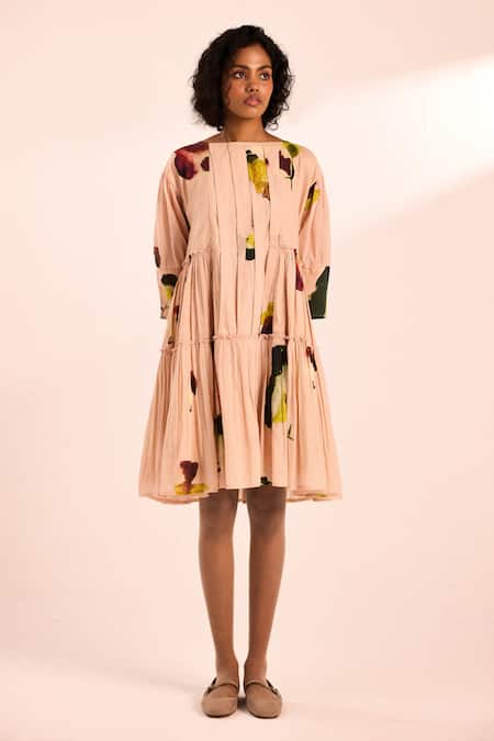 Buy_Kharakapas_Blush Voile Round Neck Tiered Floral Print Midi Dress _Online_at_Aza_Fashions