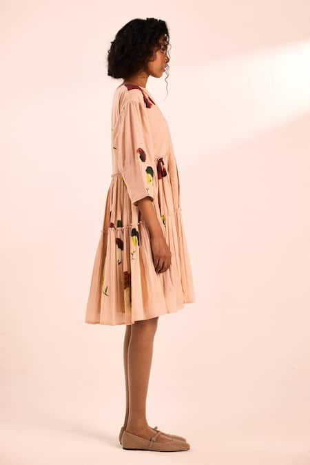 Shop_Kharakapas_Blush Voile Round Neck Tiered Floral Print Midi Dress _Online_at_Aza_Fashions