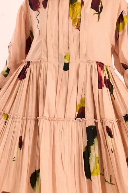 Kharakapas_Blush Voile Round Neck Tiered Floral Print Midi Dress _at_Aza_Fashions