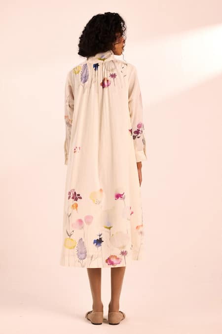 Shop_Kharakapas_Off White Voile High Neck Pebble Petal Midi Dress _at_Aza_Fashions