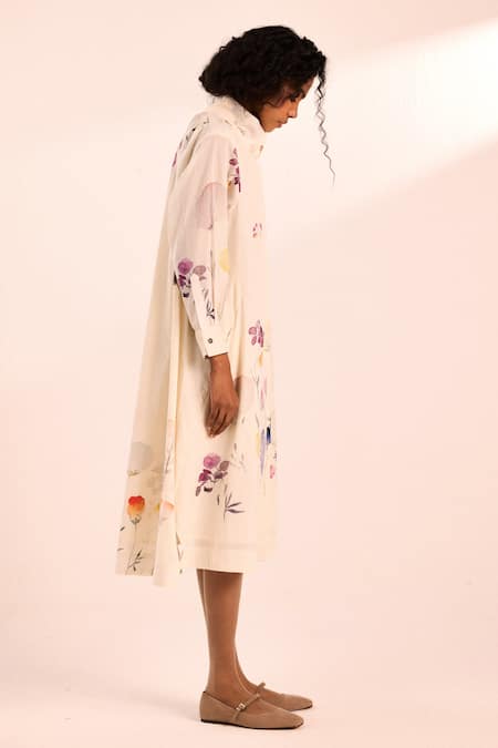 Kharakapas_Off White Voile High Neck Pebble Petal Midi Dress _Online_at_Aza_Fashions