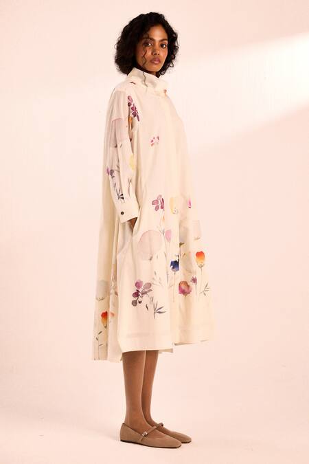 Buy_Kharakapas_Off White Voile High Neck Pebble Petal Midi Dress _Online_at_Aza_Fashions