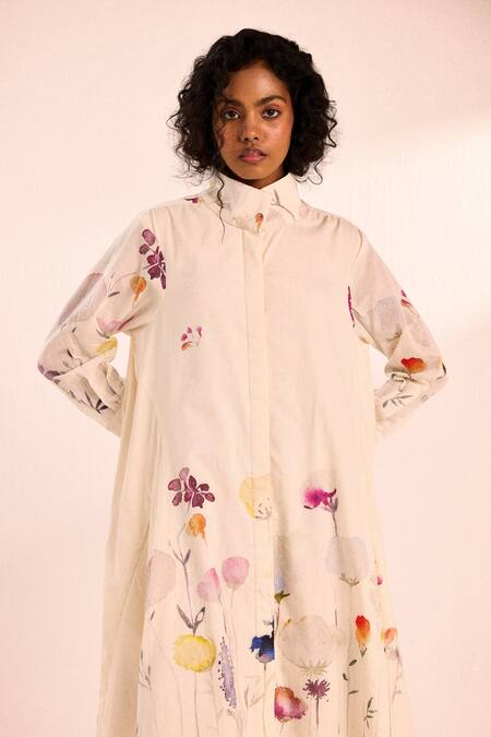 Shop_Kharakapas_Off White Voile High Neck Pebble Petal Midi Dress _Online_at_Aza_Fashions