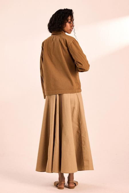 Shop_Kharakapas_Brown Twill Embroidery Round Neck Latte Must Jacket _at_Aza_Fashions