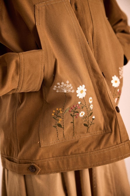 Kharakapas_Brown Twill Embroidery Round Neck Latte Must Jacket _Online_at_Aza_Fashions