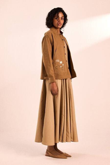 Buy_Kharakapas_Brown Twill Embroidery Round Neck Latte Must Jacket _Online_at_Aza_Fashions