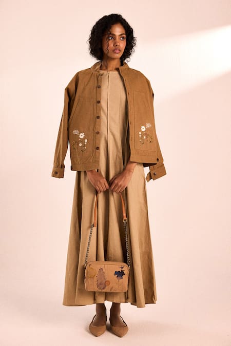 Shop_Kharakapas_Brown Twill Embroidery Round Neck Latte Must Jacket _Online_at_Aza_Fashions