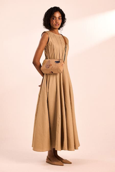 Buy_Kharakapas_Brown Oxford Round Neck Tan Maxi Dress _Online_at_Aza_Fashions