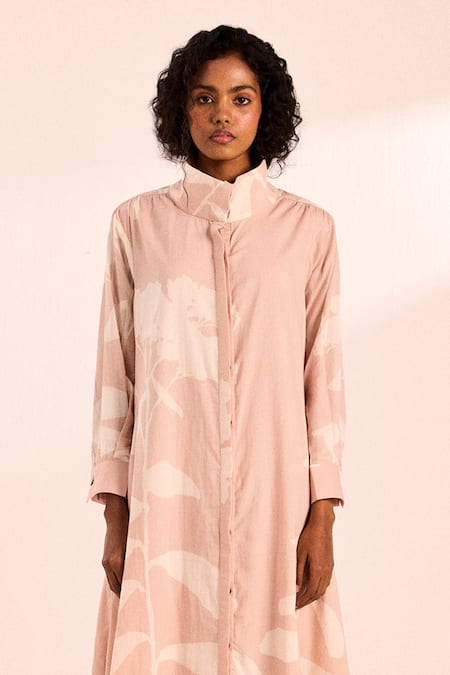 Kharakapas_Pink Voile High Neck High-collar A-line Midi Dress _Online_at_Aza_Fashions
