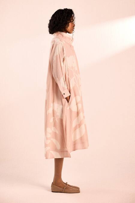 Buy_Kharakapas_Pink Voile High Neck High-collar A-line Midi Dress _Online_at_Aza_Fashions