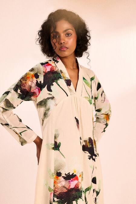 Shop_Kharakapas_Off White Voile Lace V-neck Midi Dress _Online_at_Aza_Fashions