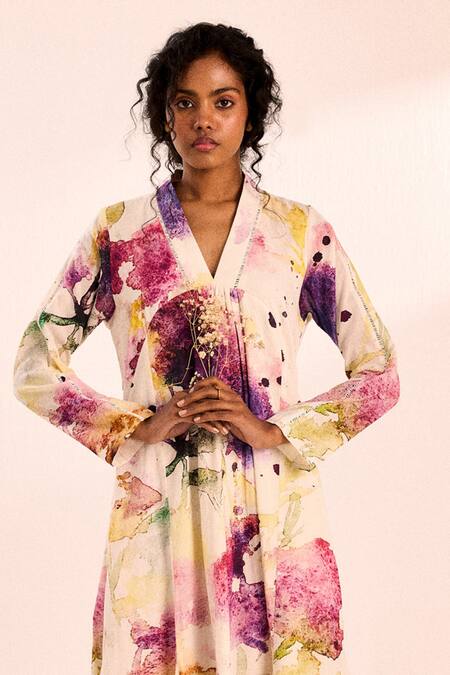 Kharakapas_White Voile V-neck Abstract Watercolor Midi Dress _Online_at_Aza_Fashions