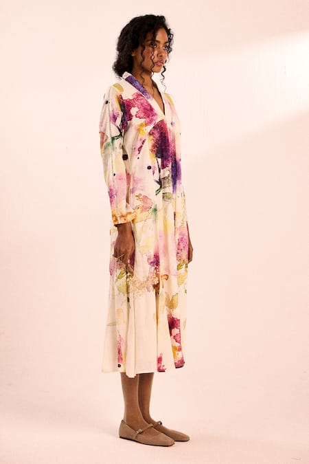 Buy_Kharakapas_White Voile V-neck Abstract Watercolor Midi Dress _Online_at_Aza_Fashions