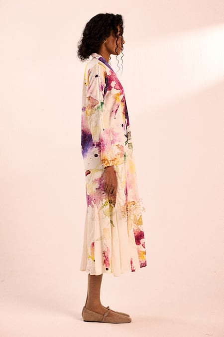 Shop_Kharakapas_White Voile V-neck Abstract Watercolor Midi Dress _Online_at_Aza_Fashions