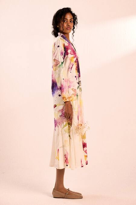 Kharakapas_White Voile V-neck Abstract Watercolor Midi Dress _at_Aza_Fashions