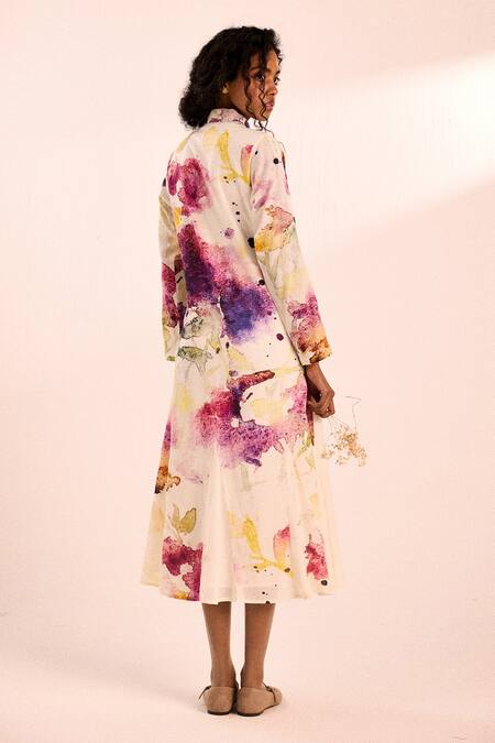 Shop_Kharakapas_White Voile V-neck Abstract Watercolor Midi Dress _at_Aza_Fashions