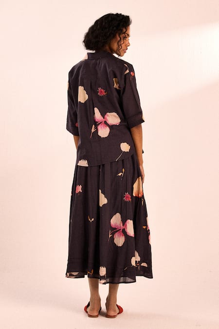 Shop_Kharakapas_Black Cotton Collared Floral Print Shirt And Skirt Co-ord Set _at_Aza_Fashions