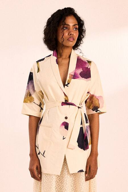 Kharakapas_White Twill V-neck Floral Print Wrap Jacket _Online_at_Aza_Fashions