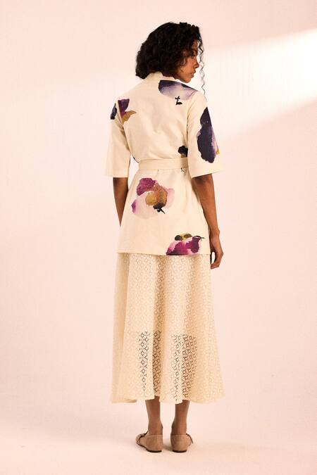 Shop_Kharakapas_White Twill V-neck Floral Print Wrap Jacket _at_Aza_Fashions