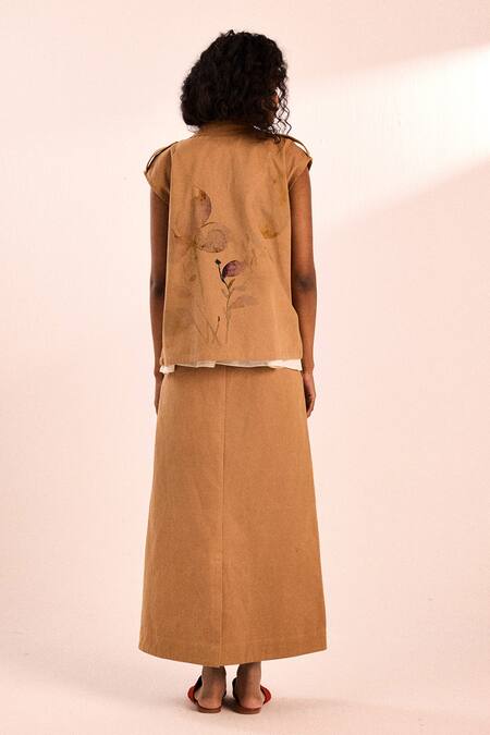 Shop_Kharakapas_Brown Cotton High Neck Beige Twill Prickled Dreams Jacket _at_Aza_Fashions