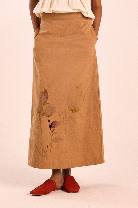 Kharakapas_Brown Twill Prickled Dreams Long Skirt _Online_at_Aza_Fashions